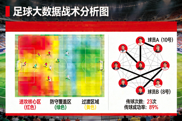 足球大数据战术分析热图与传球网络示意图，展示现代足球数据分析的可视化成果